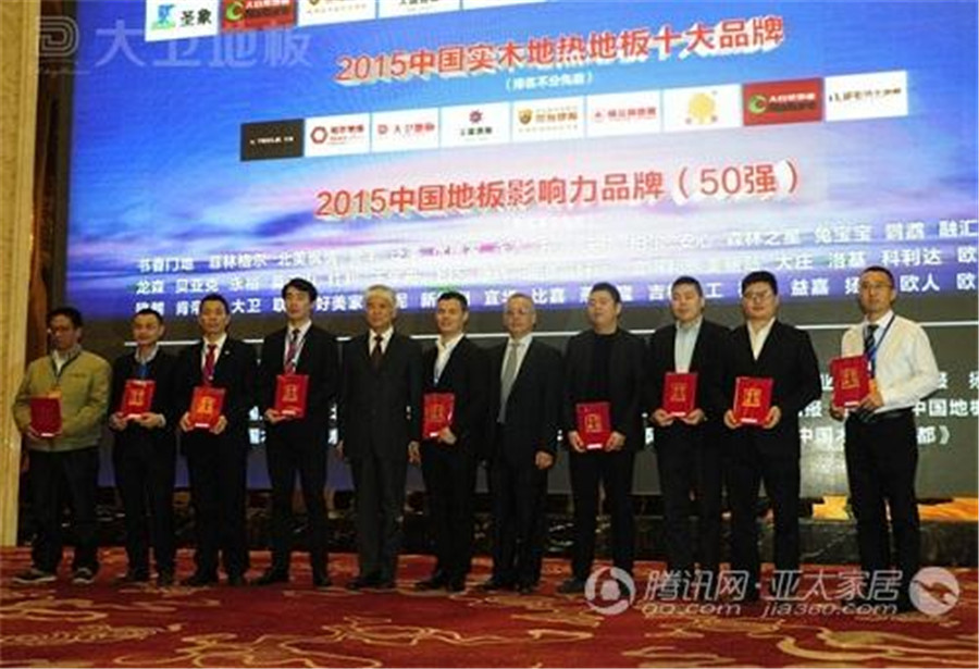 大衛(wèi)地板董事長蔣衛(wèi)（右二）獲頒“2015中國實木地?zé)岬匕迨笃放啤?jpg